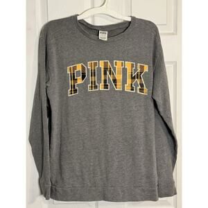 Victoria's Secret Pink Gray Sweatshirt, Plaid Lettering, Glitter, Small